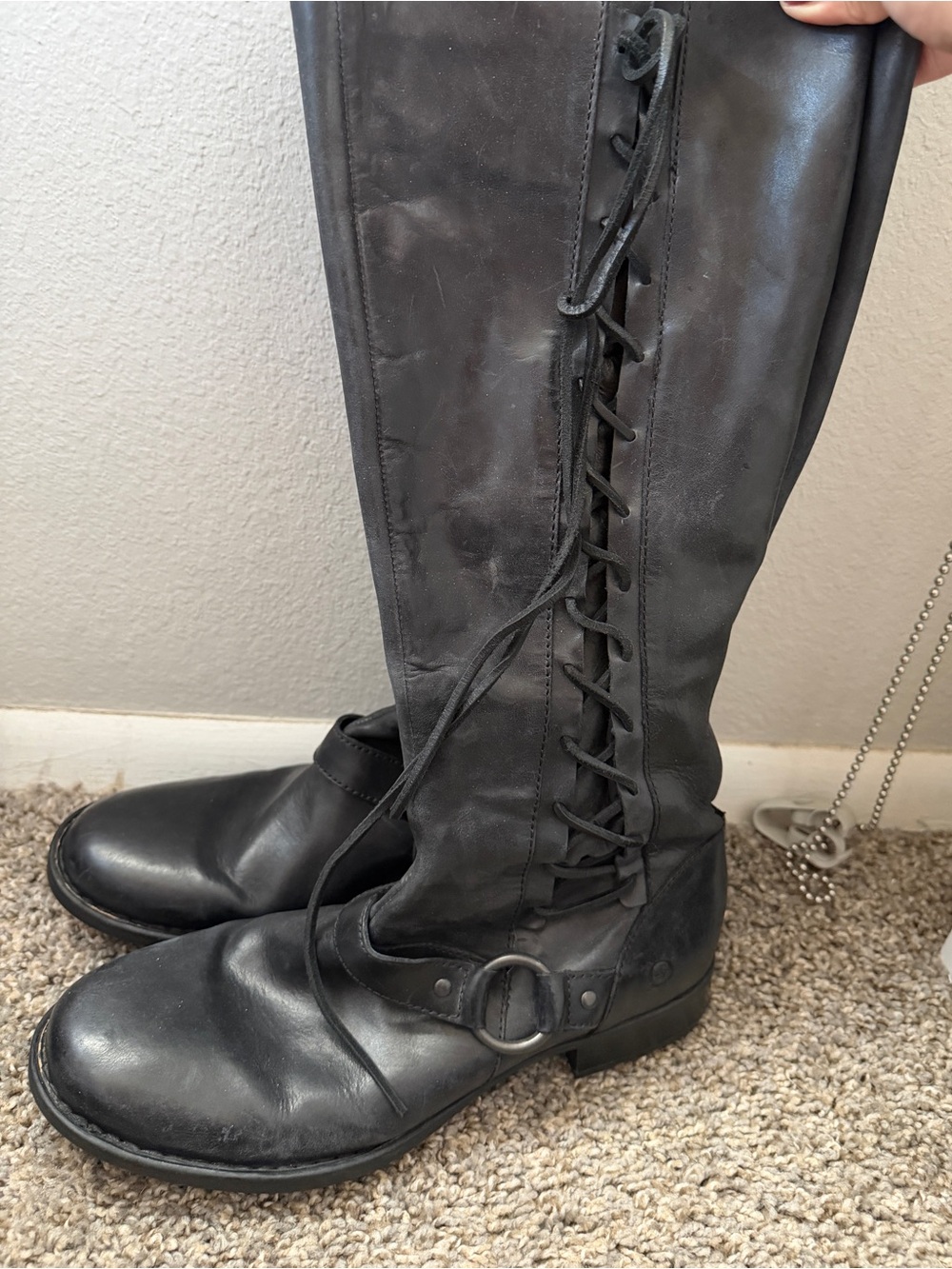 Born Black Leather Lace Up Riding Boots Round Toe